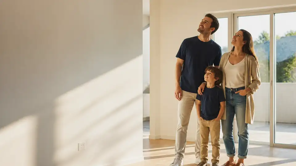 Imagem ilustrativa de uma família observando uma sala vazia e iluminada.