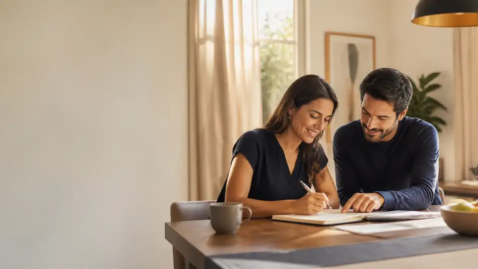 Imagem ilustrativa de duas pessoas revisando anotações à mesa de casa.