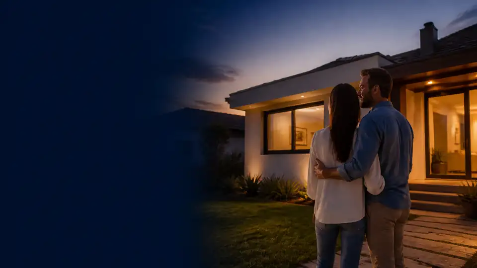 Imagem ilustrativa de um casal diante de uma casa com luzes acesas ao anoitecer.