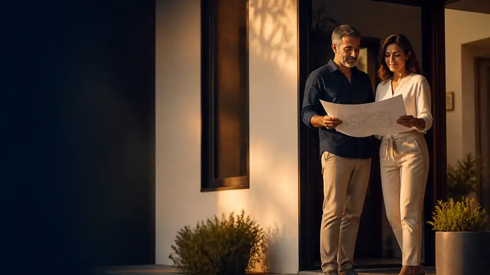 Imagem ilustrativa de um casal observando uma planta na entrada de uma casa.