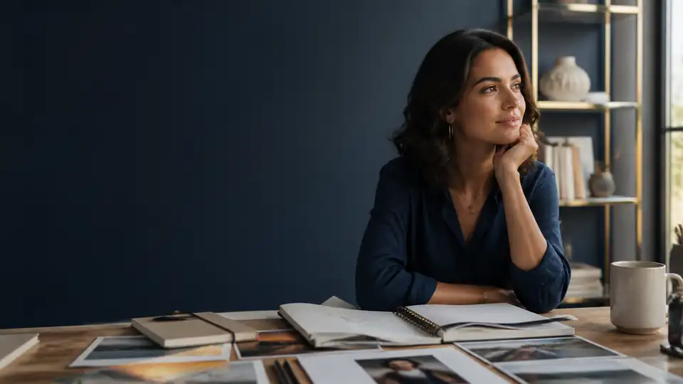 Imagem ilustrativa de uma mulher com caderno e referências visuais sobre uma mesa.
