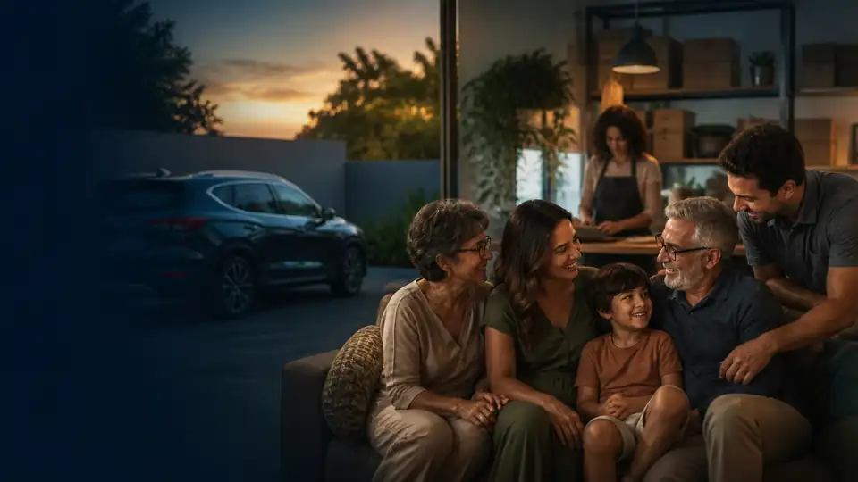 Imagem ilustrativa de pessoas de diferentes gerações reunidas na varanda de uma casa.